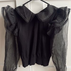 black Zara blouse with sheer puff sleeves